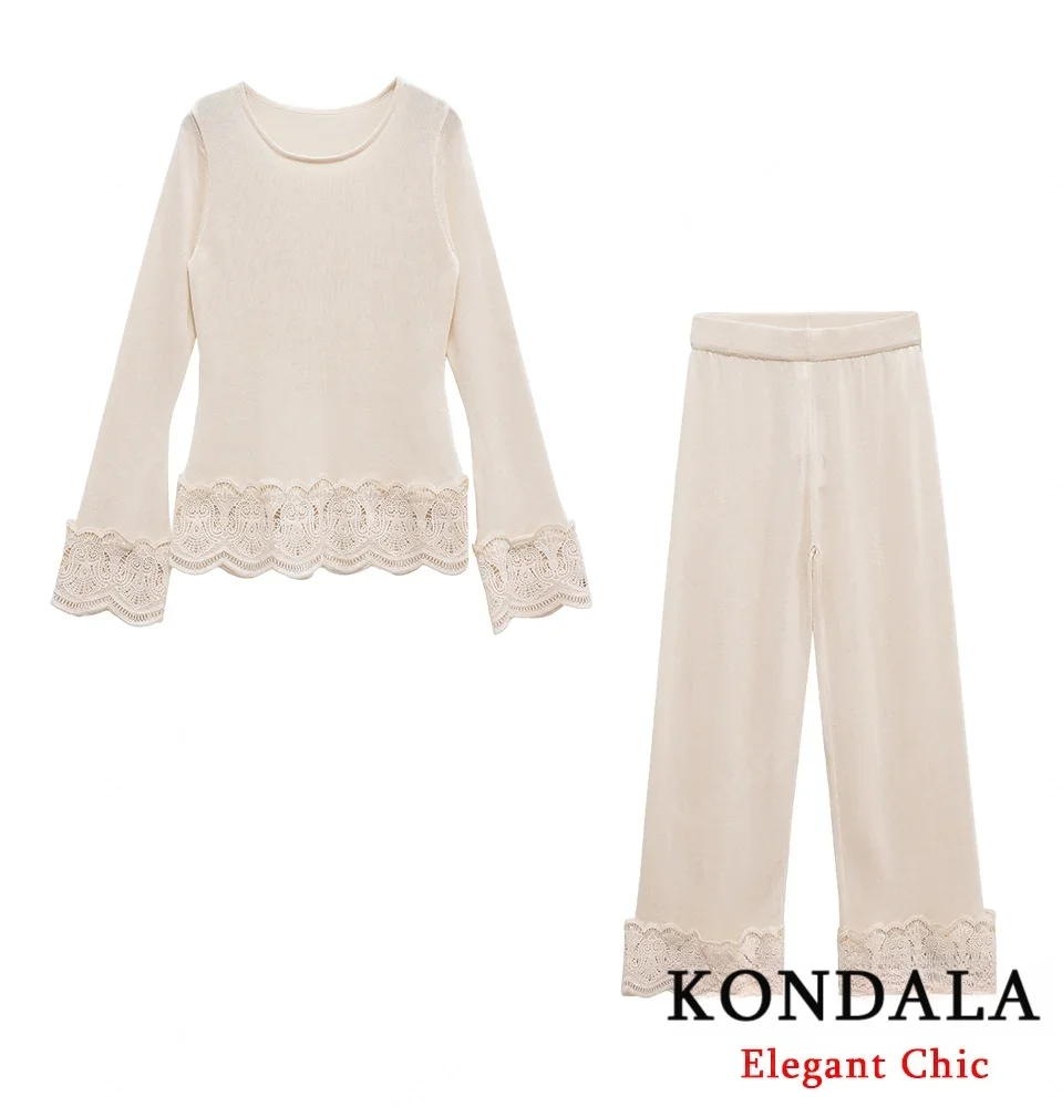 

KONDALA женский элегантный бежевый комплект с круглым вырезом в стиле пэчворк, свободные топы с кружевной отделкой, брюки с эластичной резинкой на талии, весна-осень 2021, модный повседневный комплект