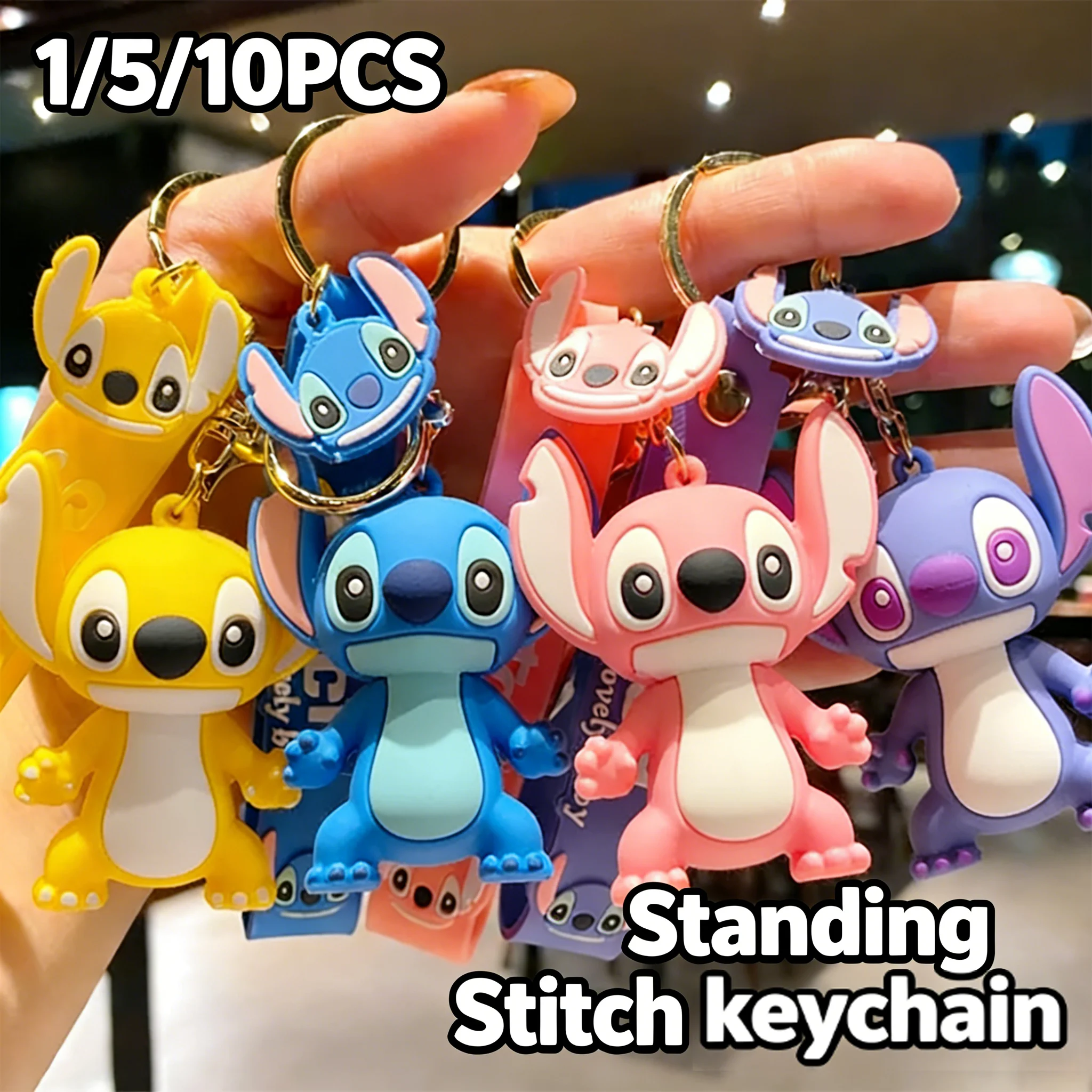 1/5/10PCS Anime Lilo & Stitch Toys Keychain Pendant Key Ring Pink Angel Style Women Car Keyring Girl Collectible Birthday Gift