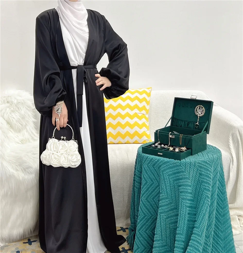 

Muslim Fashion Clothing Women's Dubai Arab Puff Sleeve Lace Up Türkiye Cardigan Robe Ramadan Dress Elegant Waist Closing Robe