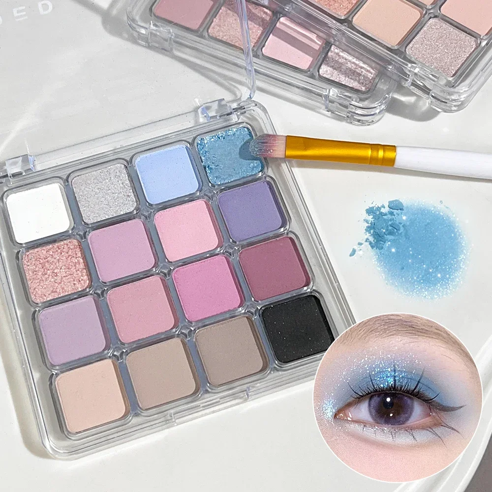 Paleta de sombras com 16 cores, fosca, baixa saturação, à prova d'água, glitter, rosa, azul, sombra de olhos de longa duração, maquiagem cosmética coreana