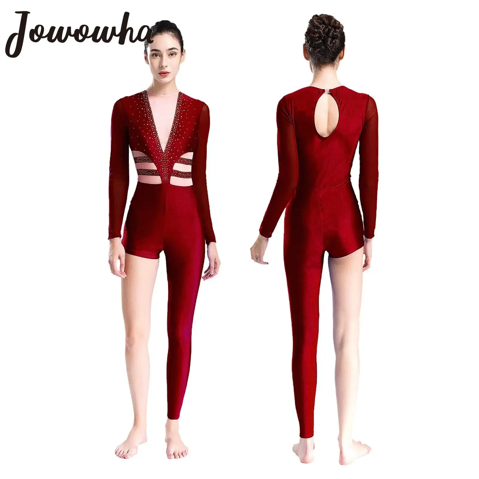 

Womens Rhythmic Gymnastics Jumpsuit Asymmetrical Single Leg Rhinestones Bodysuit Ballet Dance Figure Skating Performance Costume