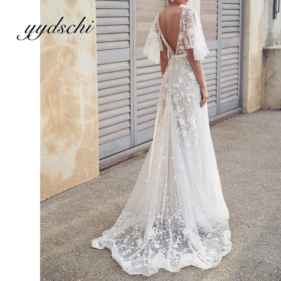

Illusion V-Neck Wedding Dress Applique Lace Short Sleeve Floor Length Train Sexy Backless Tulle Beach Bridal Dresses Simple 2025