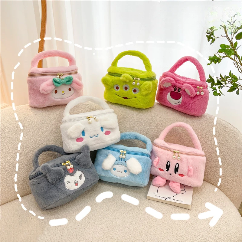 Disney Cartoon Stitch Cosmetic Bag Girls Large Capacity Cosmetic Storage Bag Portable Doll Cute Plush Handbag Strawberry Bear