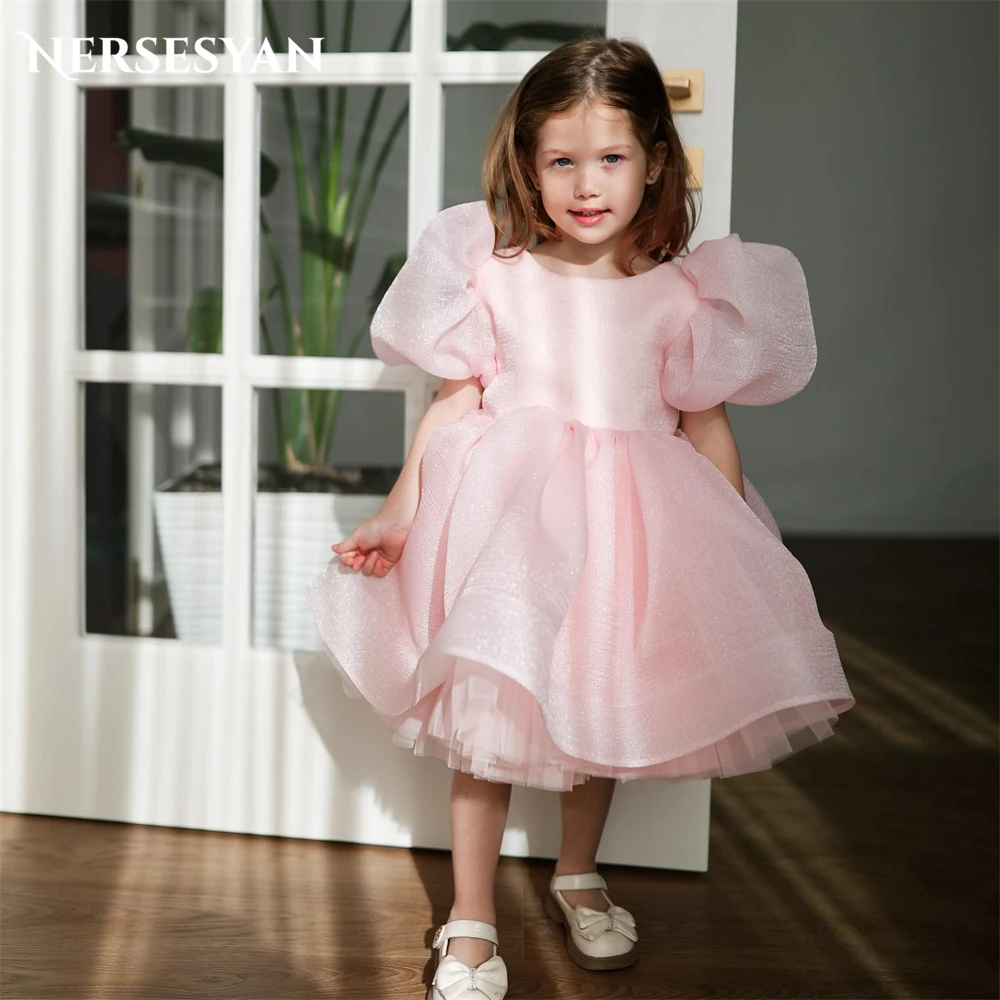 

Nersesyan Shiny Pink Flower Girl Dresses For Wedding A-Line Inside Tulle Puff Sleeves Lace Up Back Occasional Party Gowns Child