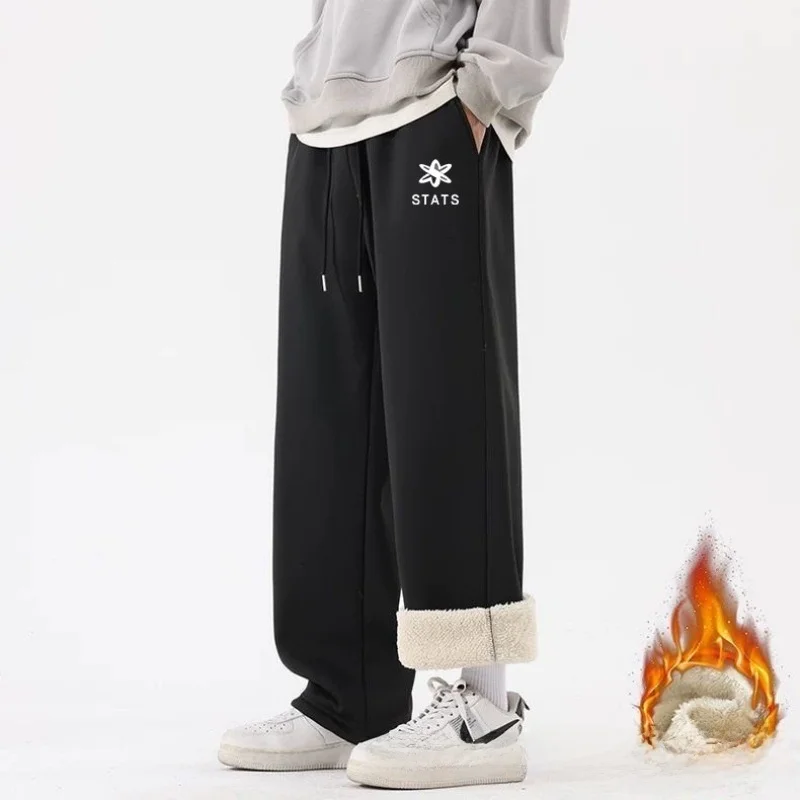 

New Men's Fce Lined Straight Leg Printed Casual Pants Warm Versatile Slimming Large Size Outerwear Autumn Winter Faion