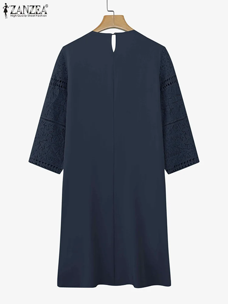 ZANZEA 2025 Women Elegant Office OL Dresses Summer Mini Dress Fashion 3/4 Sleeve Casual Lace Sundress Solid Color Short Robe