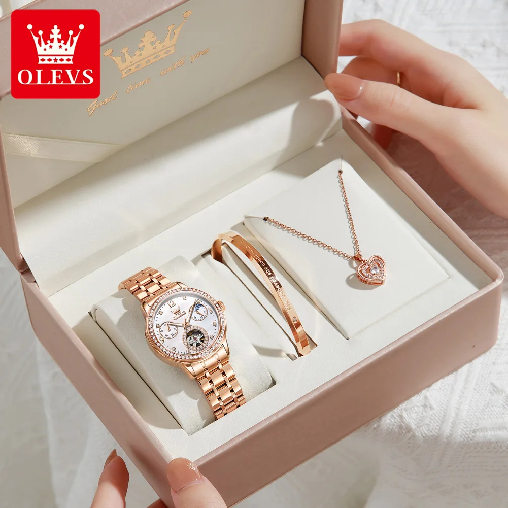 OLEVS Women's Watches Top Brand Luxury Fashion Fine Steel Original Automatic Mechanical Wristwatch Necklace Bracelet Gift Box view 5