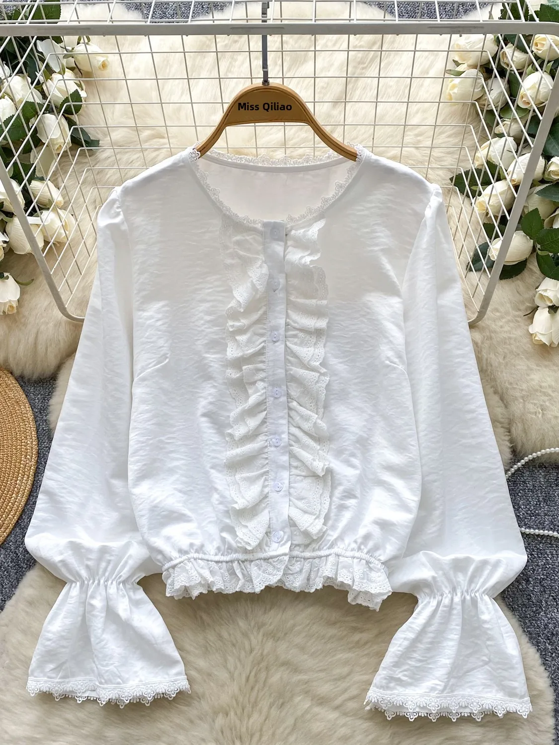 

Ele Lace Trim Splice Single Button Women's irt Slim Fit Korean Sle Long Sve Casual Top Trendy Autumn Faion