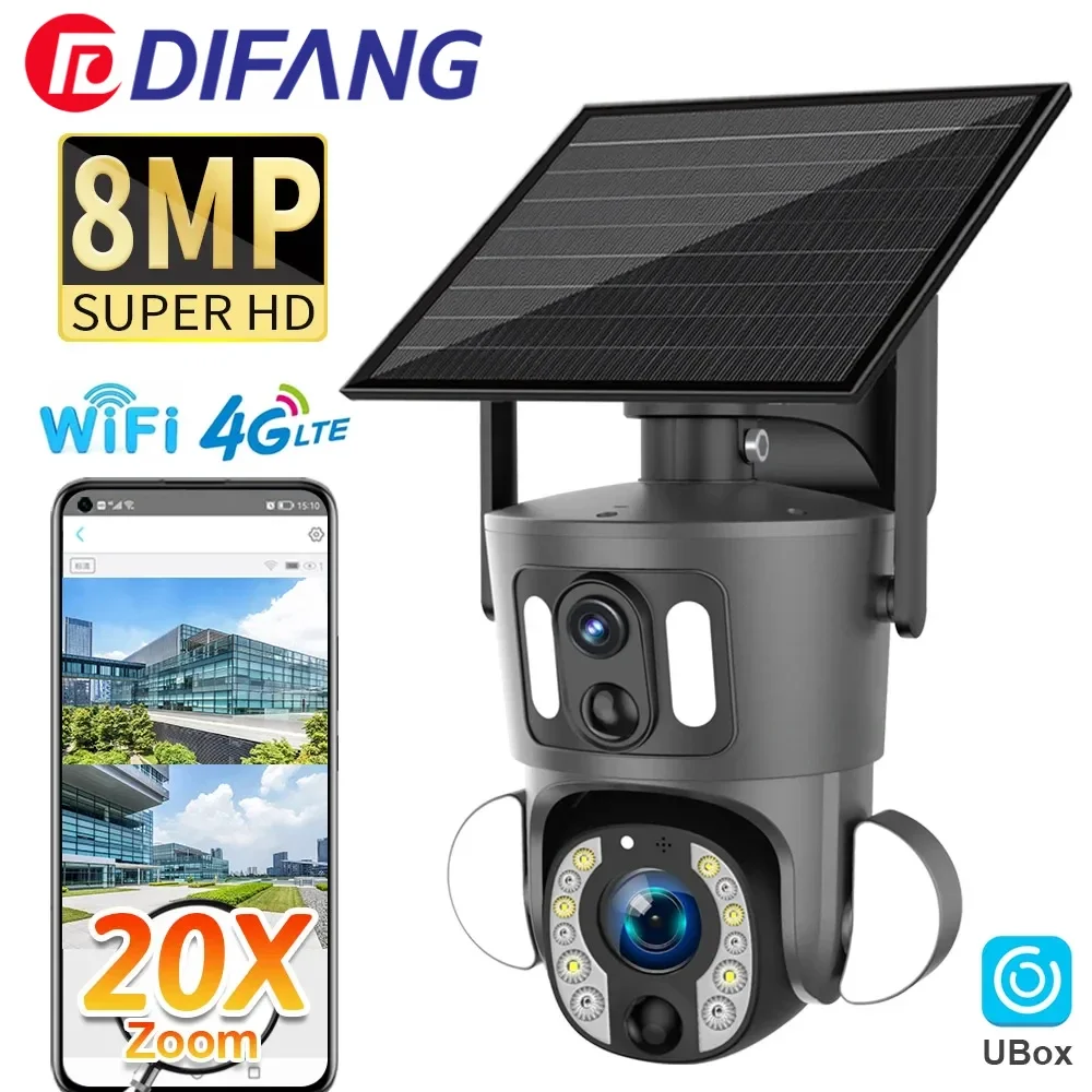 듀얼 스크린 야외 태양광 카메라, 8MP, 20X 광학 줌, 4G SIM 카메라, 4K WiFi PTZ 듀얼 PIR 감지, 휴머노이드 자동 추적 CCTV