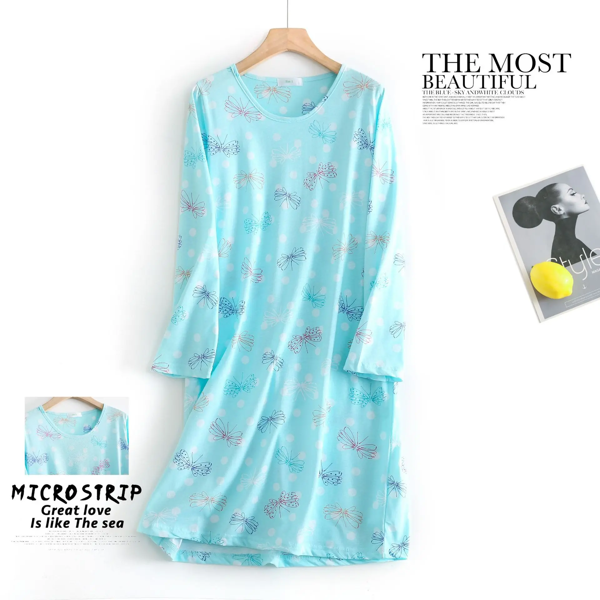 

Women Summer Knitted Cotton Nightgown Loose Sleeping Nightdress Long Sleeve Nightwear Gown Cute Cartoon Plus Size Home Dress