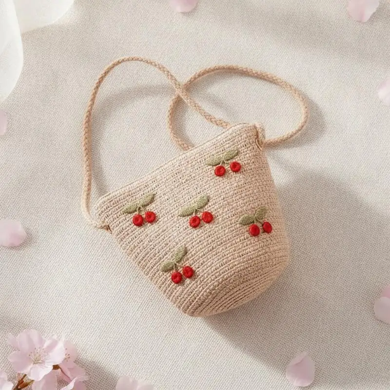 Kids Red Cherry Straw Bag Foldable Woven Crossbody Purse Portable Mini Wallet for Girls Summer Beach