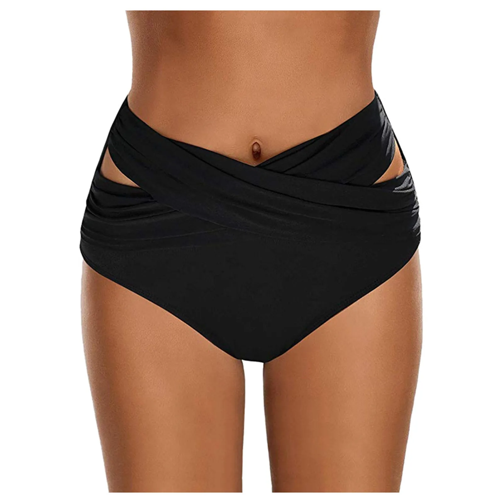 Women'S Fashion Sexy Swim Briefs High Waist Solid Color Large Size Cross Bandage Bikini Bottoms Trajes De BañO Mujer