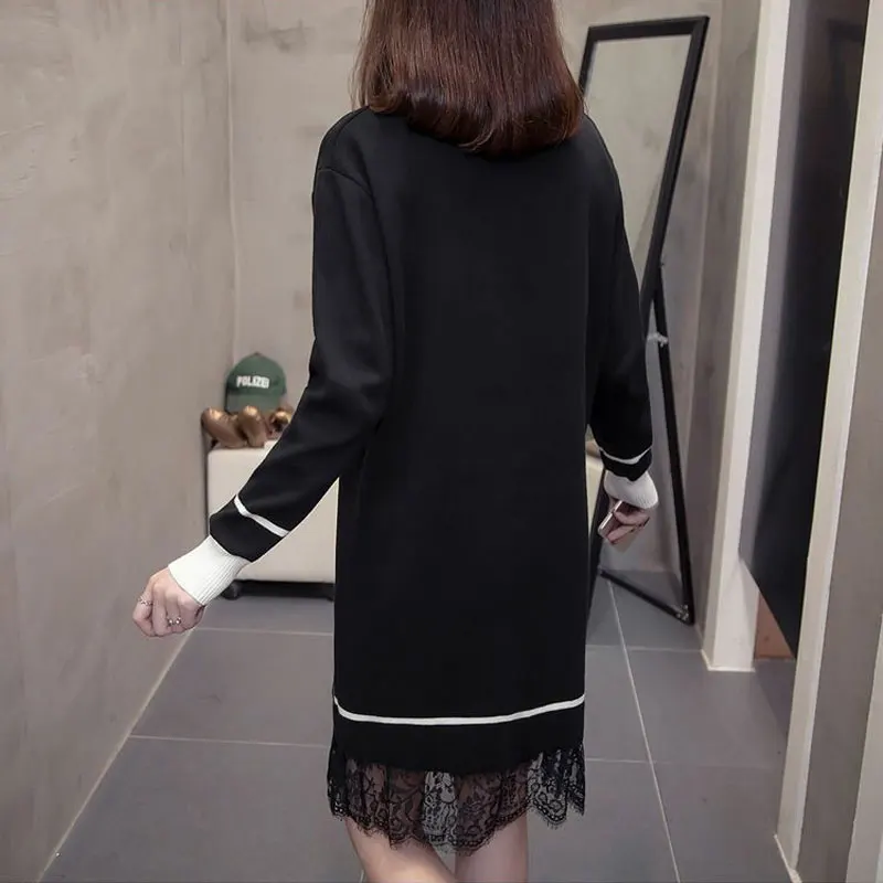 Casual V-Neck Straight Knitted Dresses Women\'s Clothing Korean Solid Color Autumn Winter Basic Fashion Lace Spliced Midi Dress