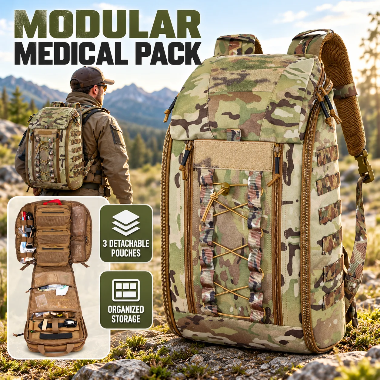 Tactical Medical Backpack with 3 Detachable Module Pouches, MOLLE Utility Pack for Outdoor First Aid, Camping and Emergency Gear