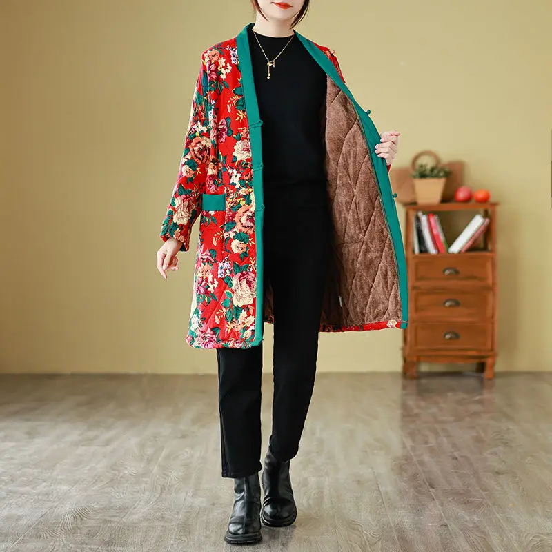 Women's Clothing Ethnic Style Printed Fleece Lining Warm Mid-length Cotton Coat Button Fastening Cotton Jacket Comfortable Warm