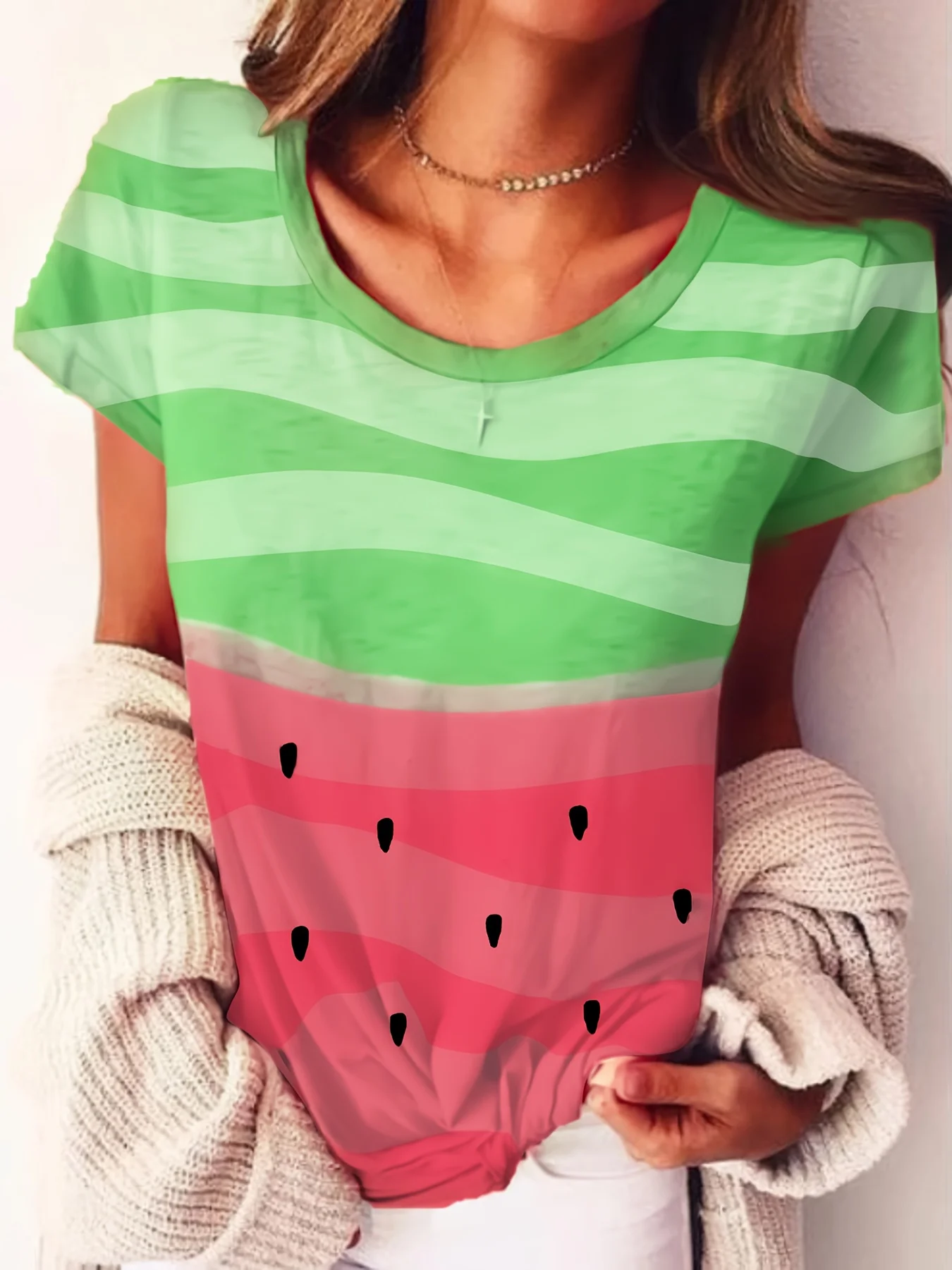 

Футболка больших размеров с милым принтом арбуза и круглым вырезом, повседневная, для повседневной носки, покупок и собраний.