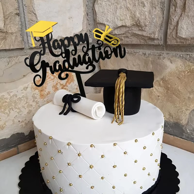 Adorno de Pastel de Graduación de Acrílico Negro con Birrete y Diploma Dorados, Decoración de Pastel para Fiesta de Graduación DIY