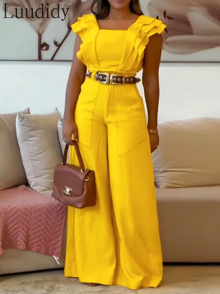 

Women's solid color Sqaure Neck Flutter Sleeve Shirred Top and High Waist Wide Leg Pants 2 Piece Set