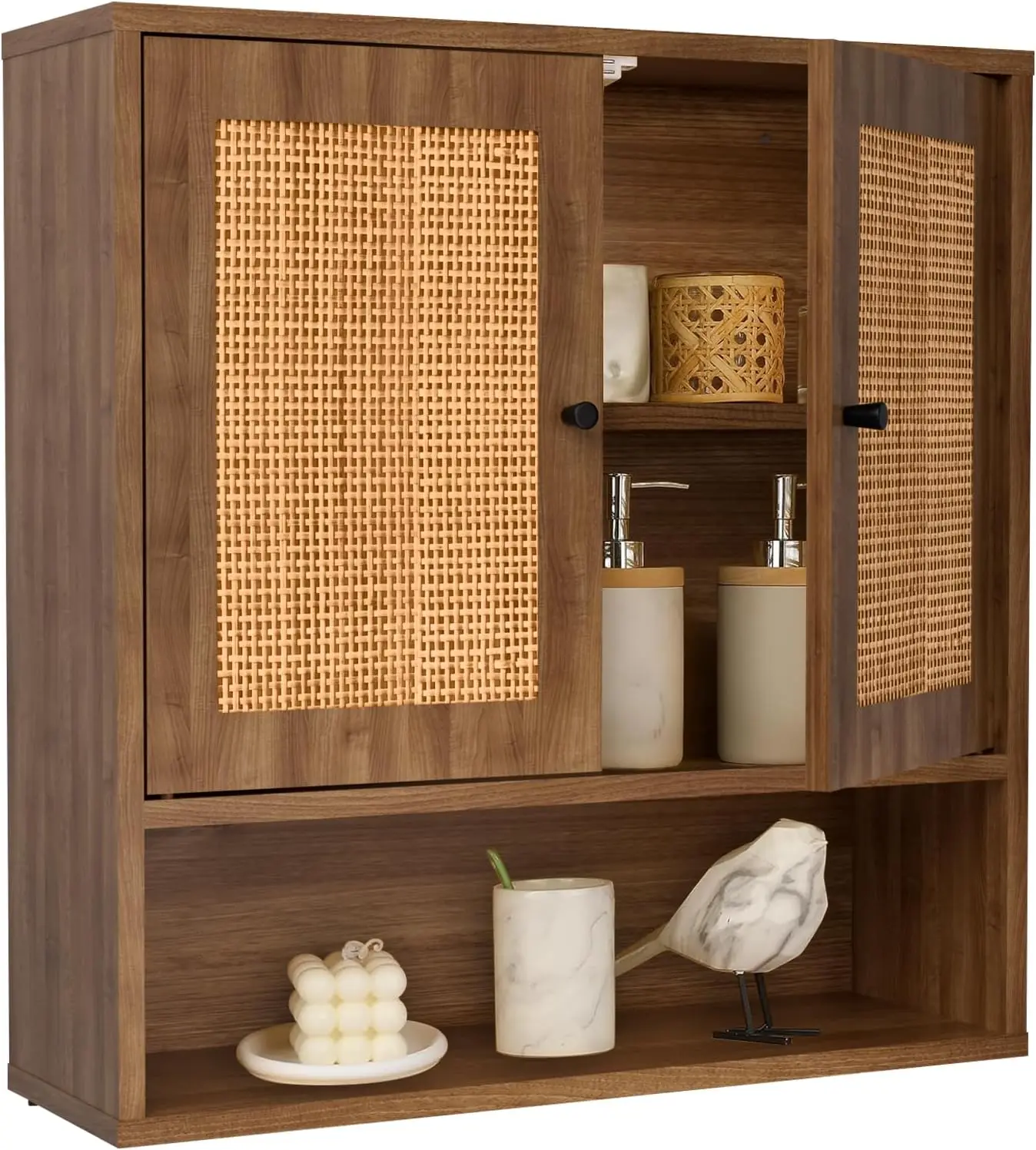 

Cabinet,Rattan Cabinet Boho Chic Bathroom Medicine Cabinet Over The Toilet Storage 3-Tier Cabinet Wall Mount with Double-Door fo