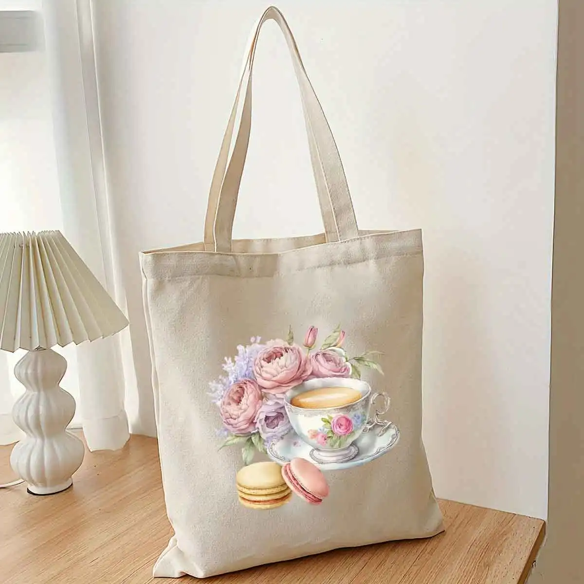 

Cake And Coffee Print Women Canvas Tote Bag Vintage Floral Shoulder Bag Fruits Of The Spirit Shopping Handbag