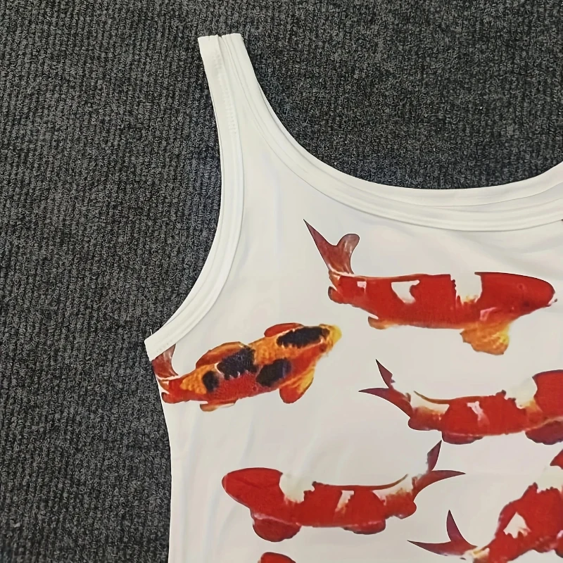 European American Grunge Style Street Tops Summer Simple Casual Group Koi Fish Pattern Printed Ladies Round Neck Sleeveless Vest