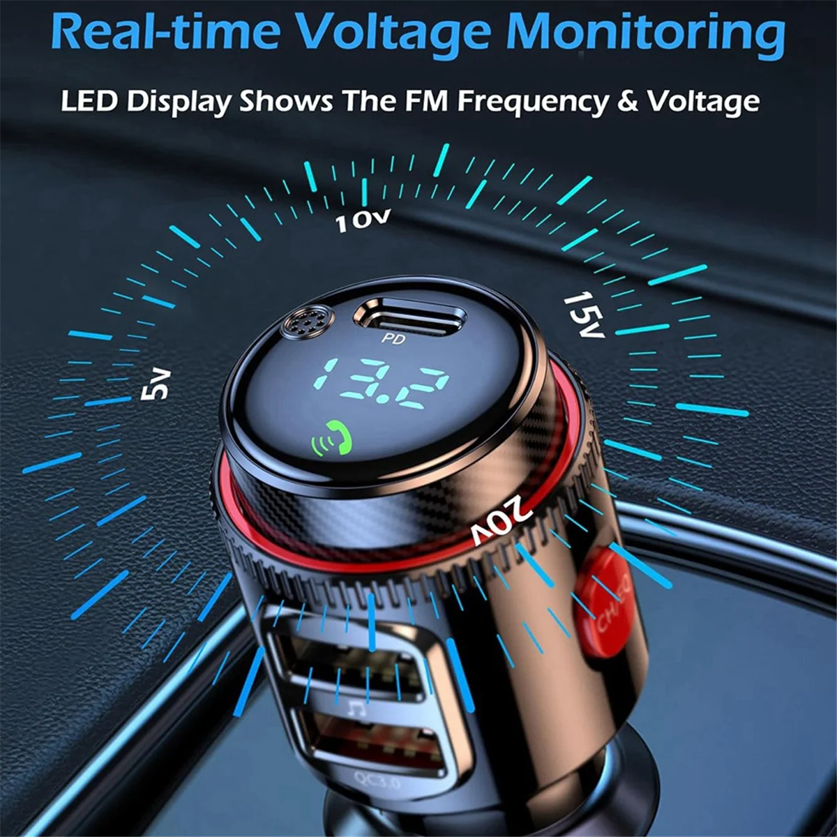 New Car Bluetooth Adapter, Wireless FM Transmitter,Dual Fast Charging, Cigarette Lighter Radio MP3 Player, HiFi Bass Sound