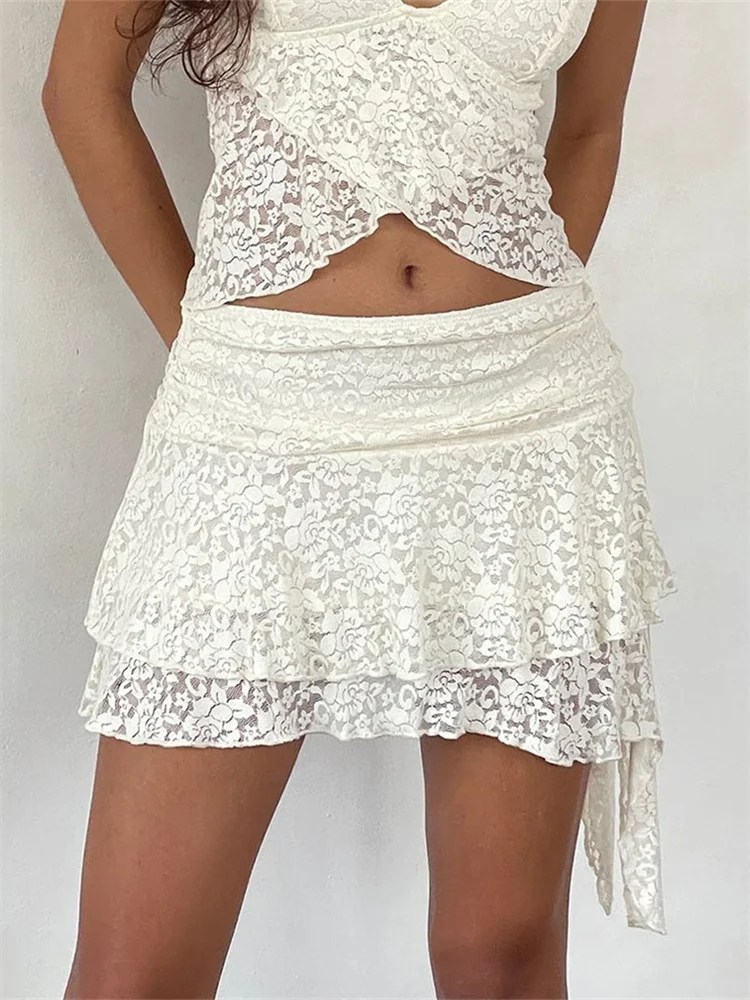 

Dourbesty Women Lace Mini Skirts Flower Embroidery Frill Layered Low Waist Irregular Hem Short Skirt Summer Party Clubwear 2024