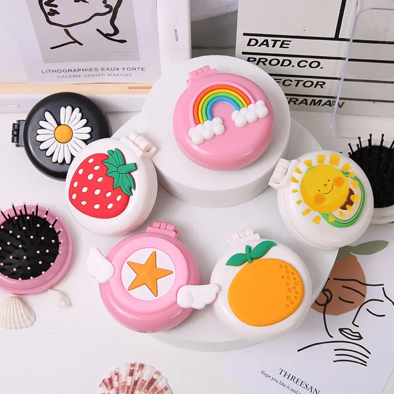 Girls Cute Kawaii Animal Fruit Portable Comb with Mirror Princess Air Cushion Massage Makeup Hair Brush for Baby Kids Stuff