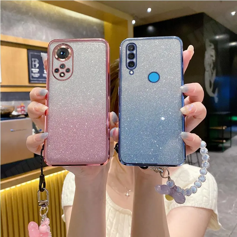 8 9 x Flower Strap Lanyard Shiny Glitter Phone Case For Huawei Honor 70 50 90 30 40 100 20 Pro 8X 9X 20 30 Lite 90 80 GT Cover