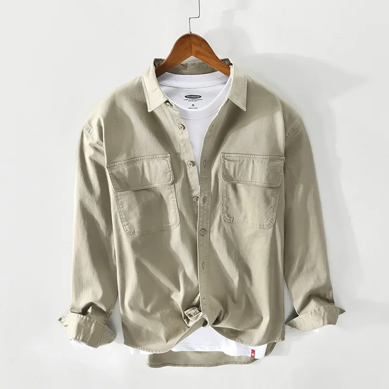 

Рубашка-карго цвета хаки в японском стиле, мужская осенне-весенняя повседневная рубашка с длинным рукавом, мужская рубашка с двойным карманом и лацканами 4XL, модная одежда