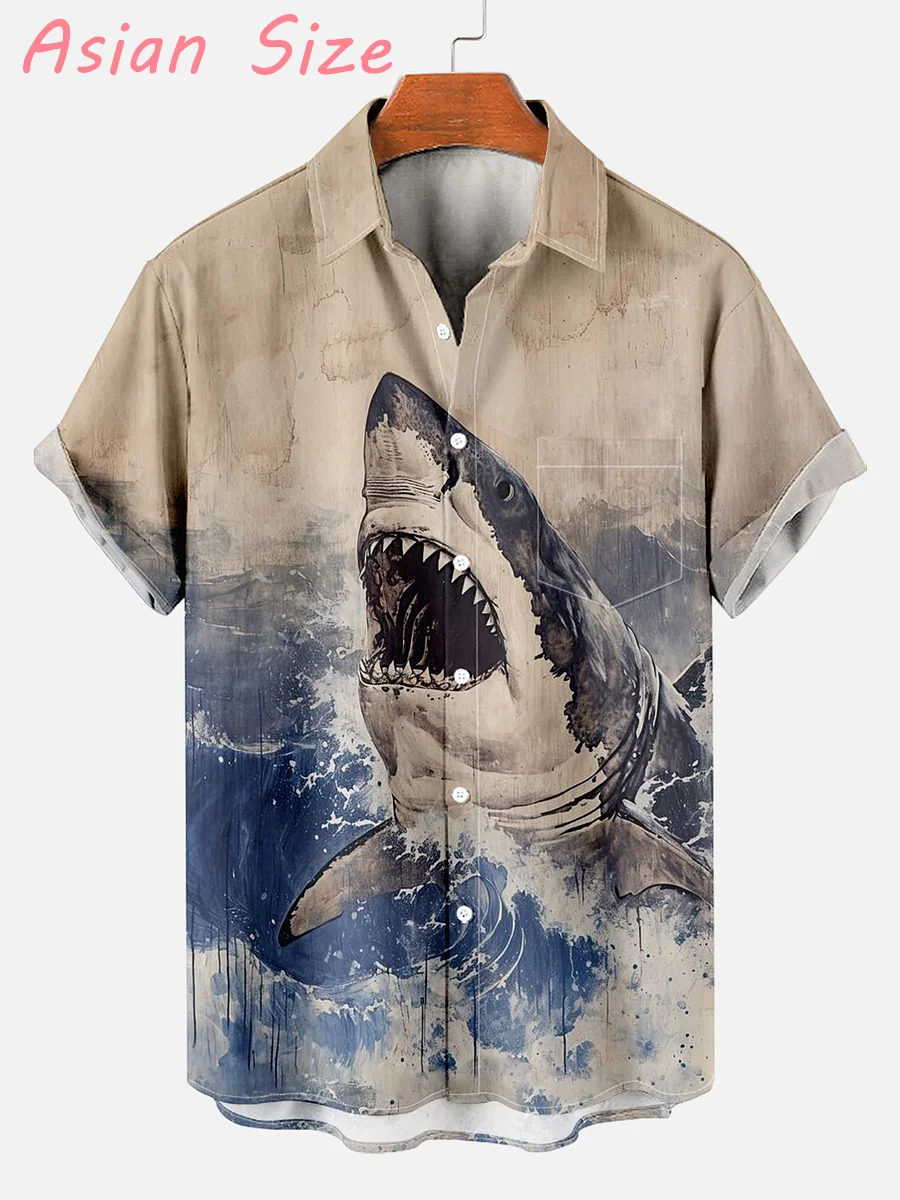 

2026 Vintage Classic Shark Graphic Hawaiian Shirts Summer Retro Men Women Lapel Single Button Beach Blouses Unisex Gifts Camisa