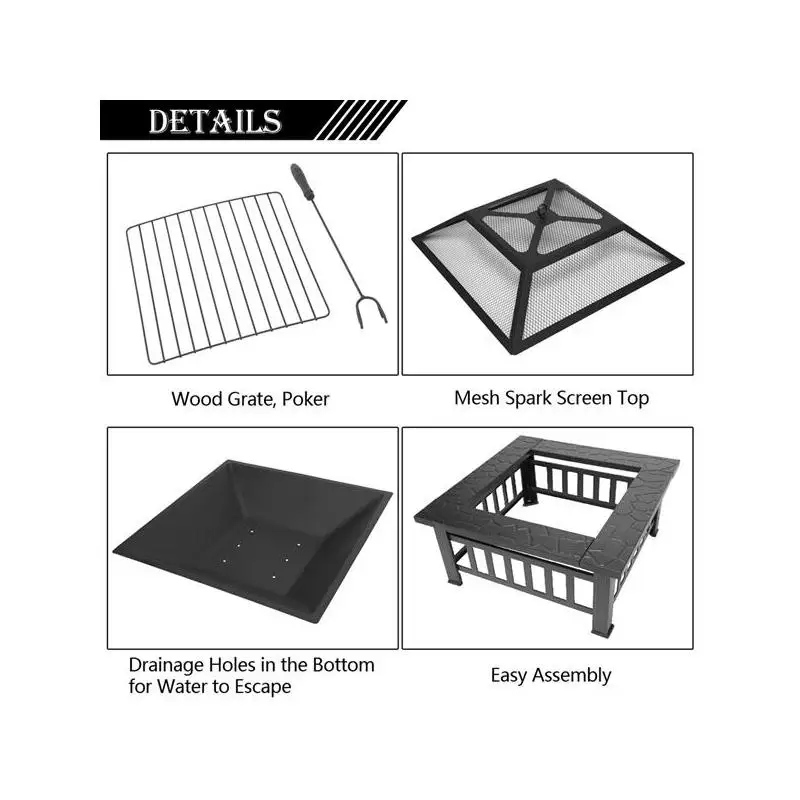 Foyer portable en métal avec accessoires, noir, utilisation dans la cour extérieure
