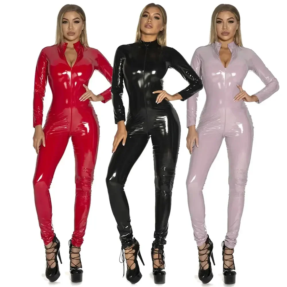 ผู้หญิงดูเปียกเงา PU หนัง Faux Jumpsuit ชุดแขนยาวซิปเปิด Crotch Latex บอดี้สูท Clubwear PLUS ขนาด