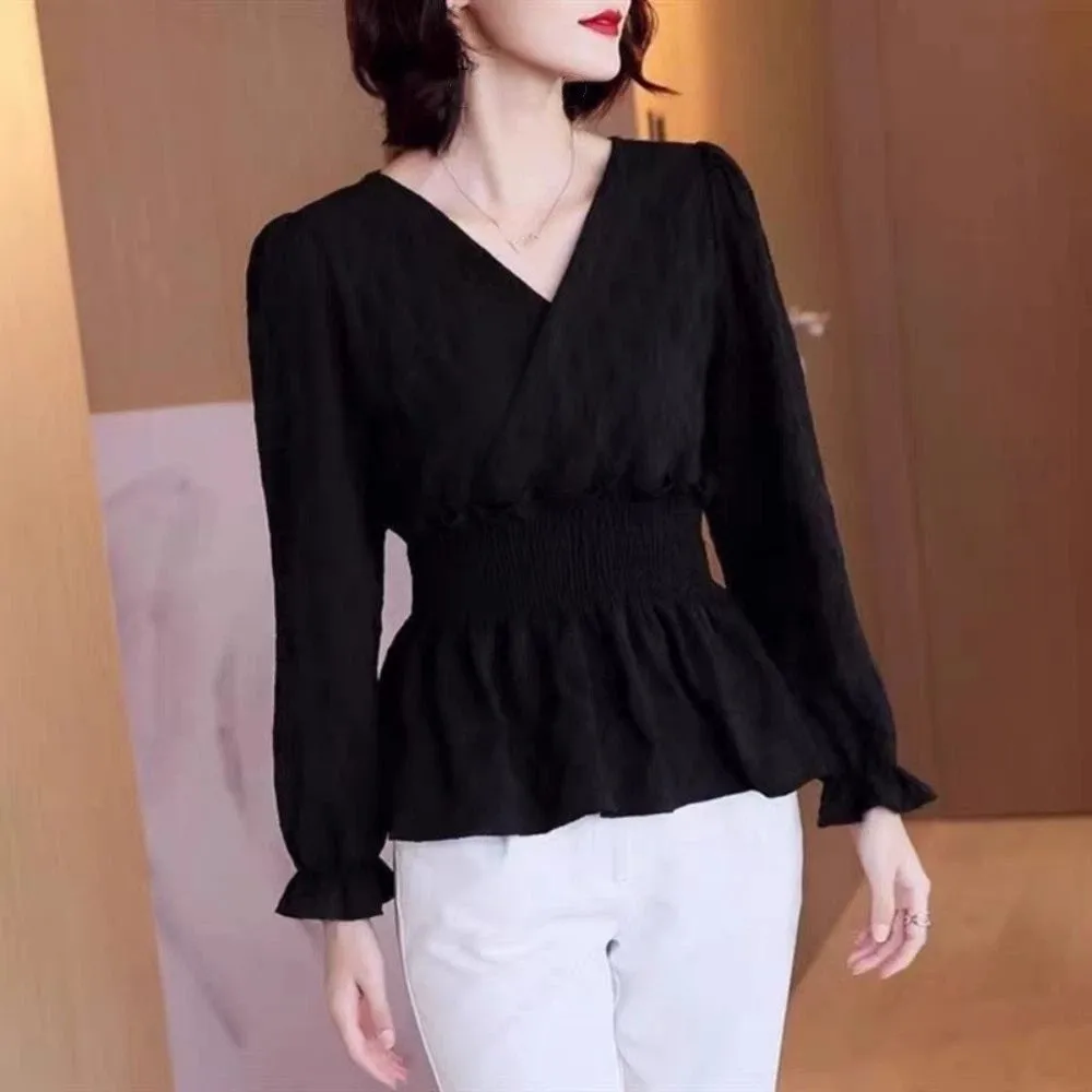 

Элегантная шифоновая тонкая рубашка с v-образным вырезом, приталенная шифоновая футболка с рюшами по краям, женские однотонные женские топы с длинными рукавами