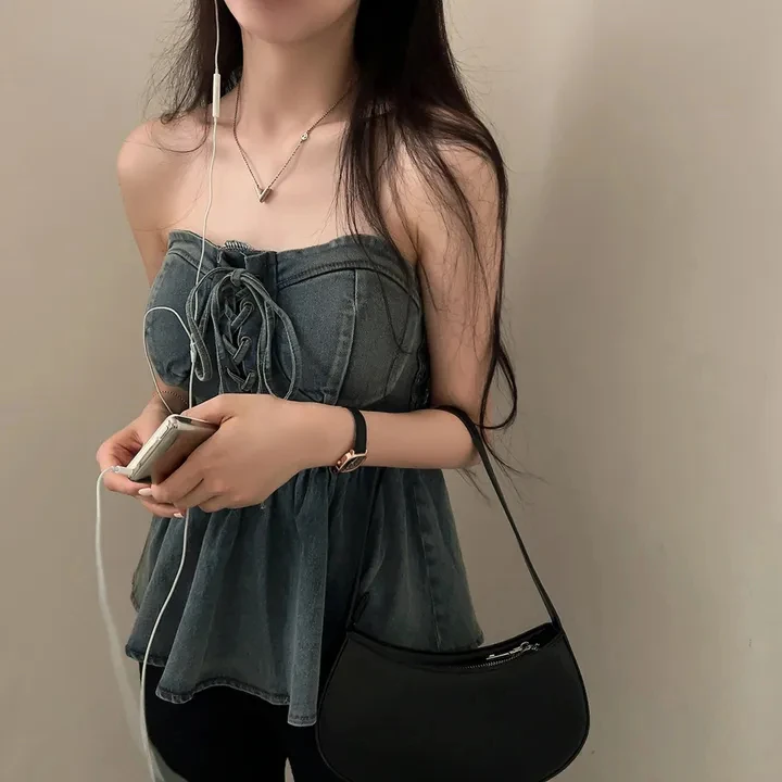 Sexy Strapl Denim Vest Top Women's Spring Summer Slim Fit Trendy Korean Sle Hot Girl Design Binding Waist Wrap Chest