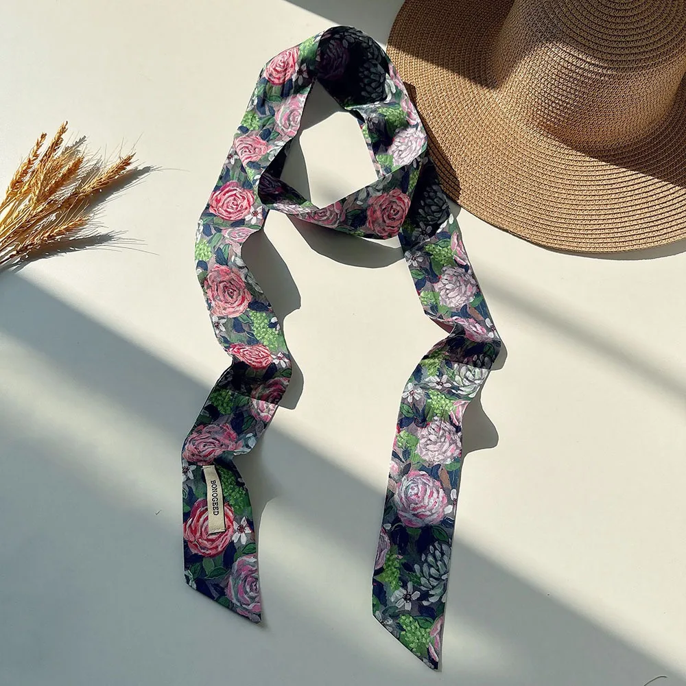

Elegant Cotton Oil Painting Scarf Flower Field Thin Extended Long Ribbon Tulip Vintage Scarf Headband Bag Decoration