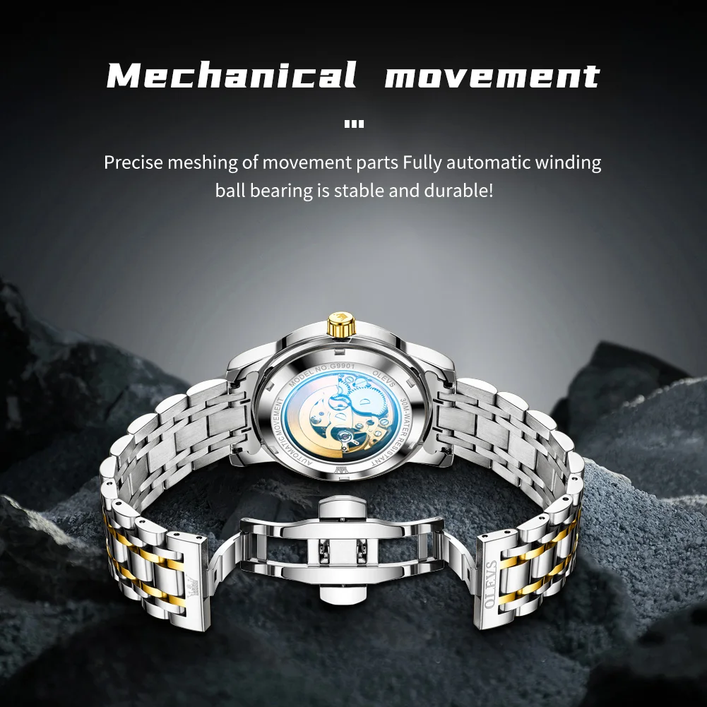 OLEVS 9901 ساعة ميكانيكية فاخرة مجوفة للرجال من الفولاذ المقاوم للصدأ مقاومة للماء ساعة مضيئة هدية شخصية للرجال ساعة أوتوماتيكية
