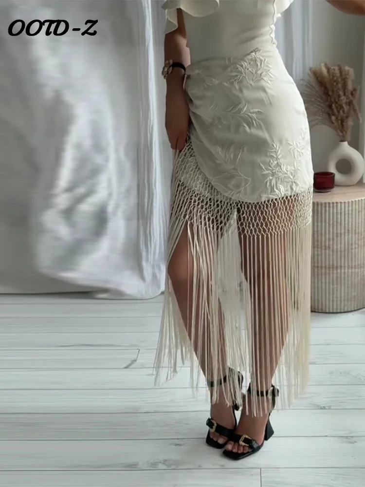 

Elegant Tassels Jacquard Skirts for Women 2025 Summer Knot Hollow Out Solid Party Evening Dresses Lady Fashion High Streetwear