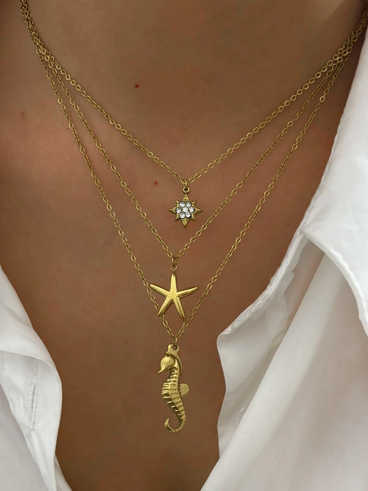 Peri\'sbox Fashion Sparkling Rhinestone Starburst Seahorse Starfish Pendant Necklace High Quality Stainless Steel Women\'s Jewelry