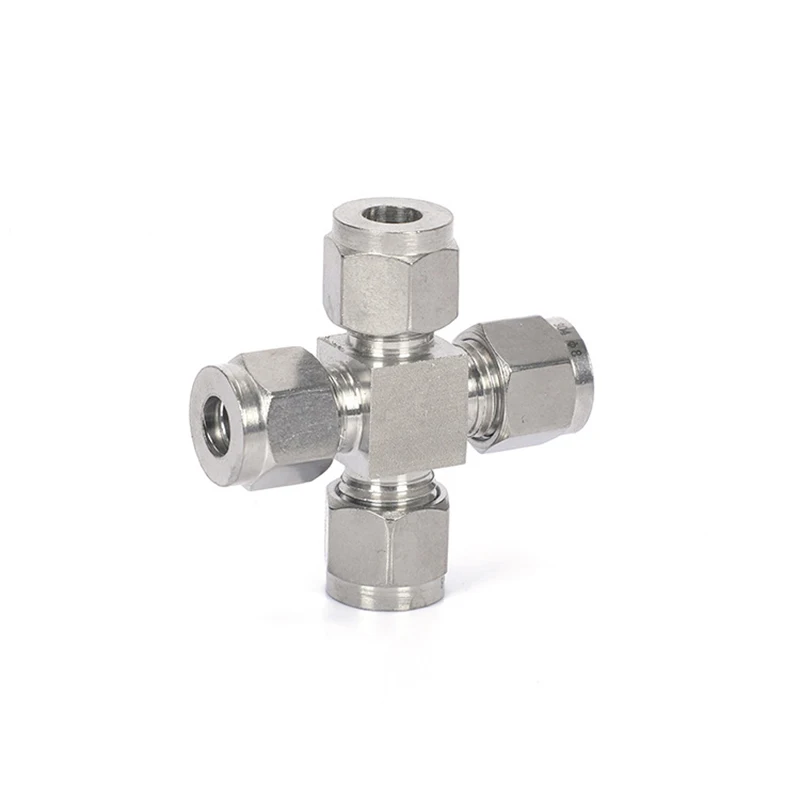 304 Stainless Steel Double Ferrule Cross Fittings 3-16mm 1/8\" 1/4\" 3/8\" Tube Hex 4-Way Equal Diameter Cross Pipe Fittings