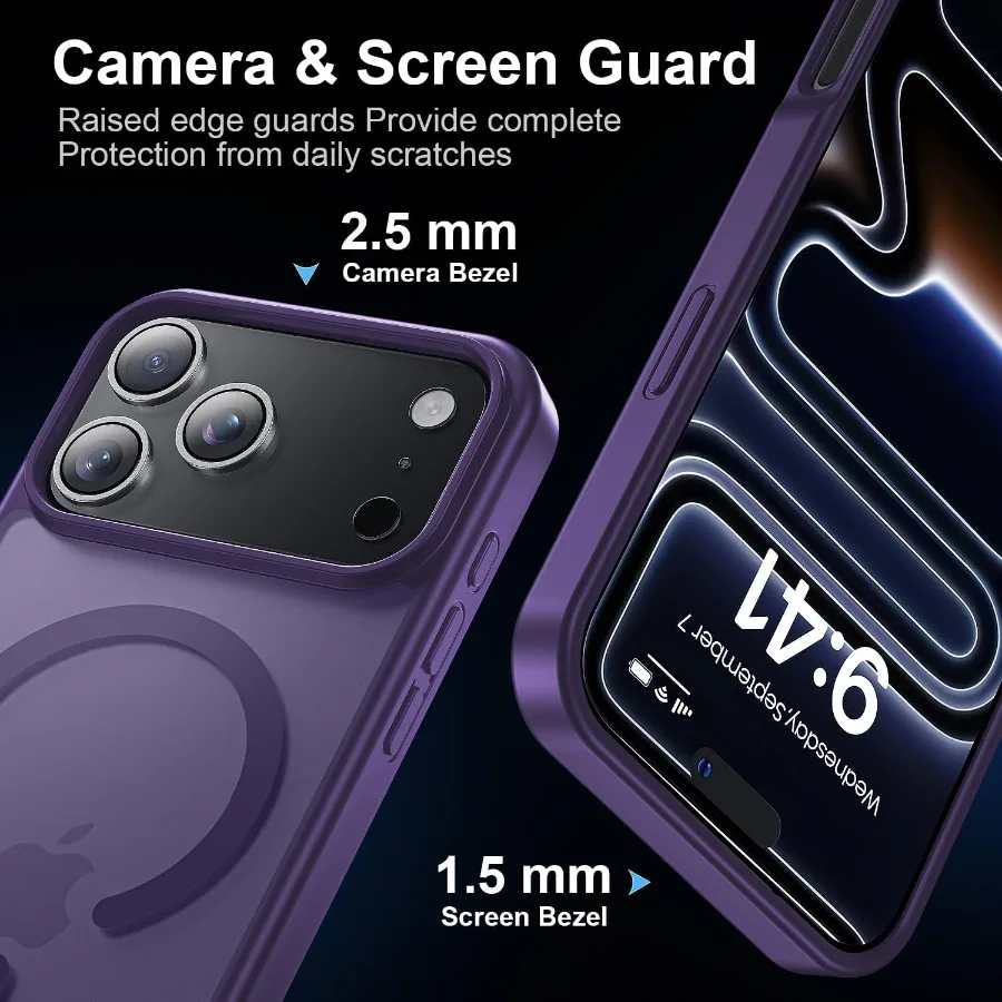 حماية مغناطيسية قوية من الدرجة العسكرية لهاتف آيفون 17 برو 6.3 بوصة مع واقي عدسة الكاميرا مقاوم للصدمات رفيع MagSa