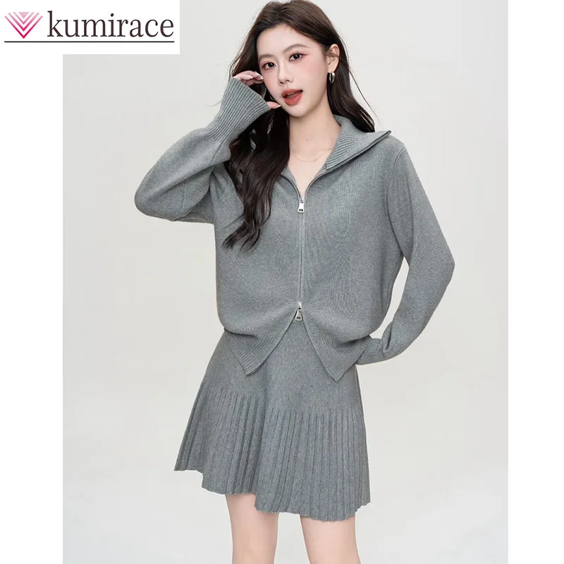 

Flip Collar Knitted Cardigan Women's Set Autumn and Winter New Style Western College Style Korean Pleated Skirt Two-piece Set