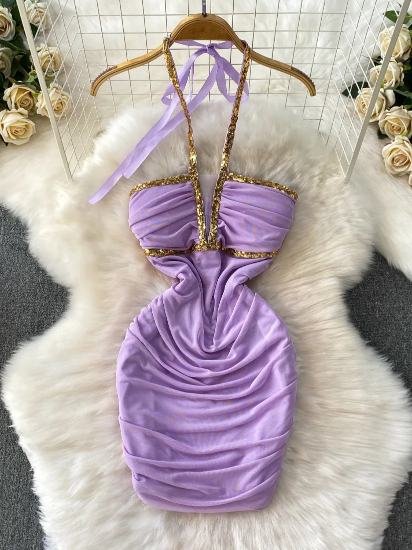 Foamlina New Summer Women Sequins Patchwork Mini Bodycon Dress Sexy Halter Neck Sleeveless Backless Slim Ruched Mesh Party Dress