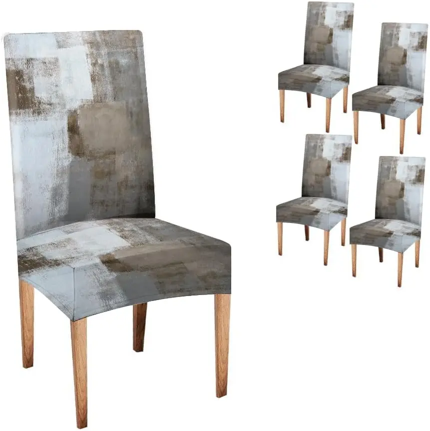 Brown Grey Dining Chair Cover 1 Pc, Stretch Removable Slipcover Washable Seat Protector for Dining Room Kitchen Hotel