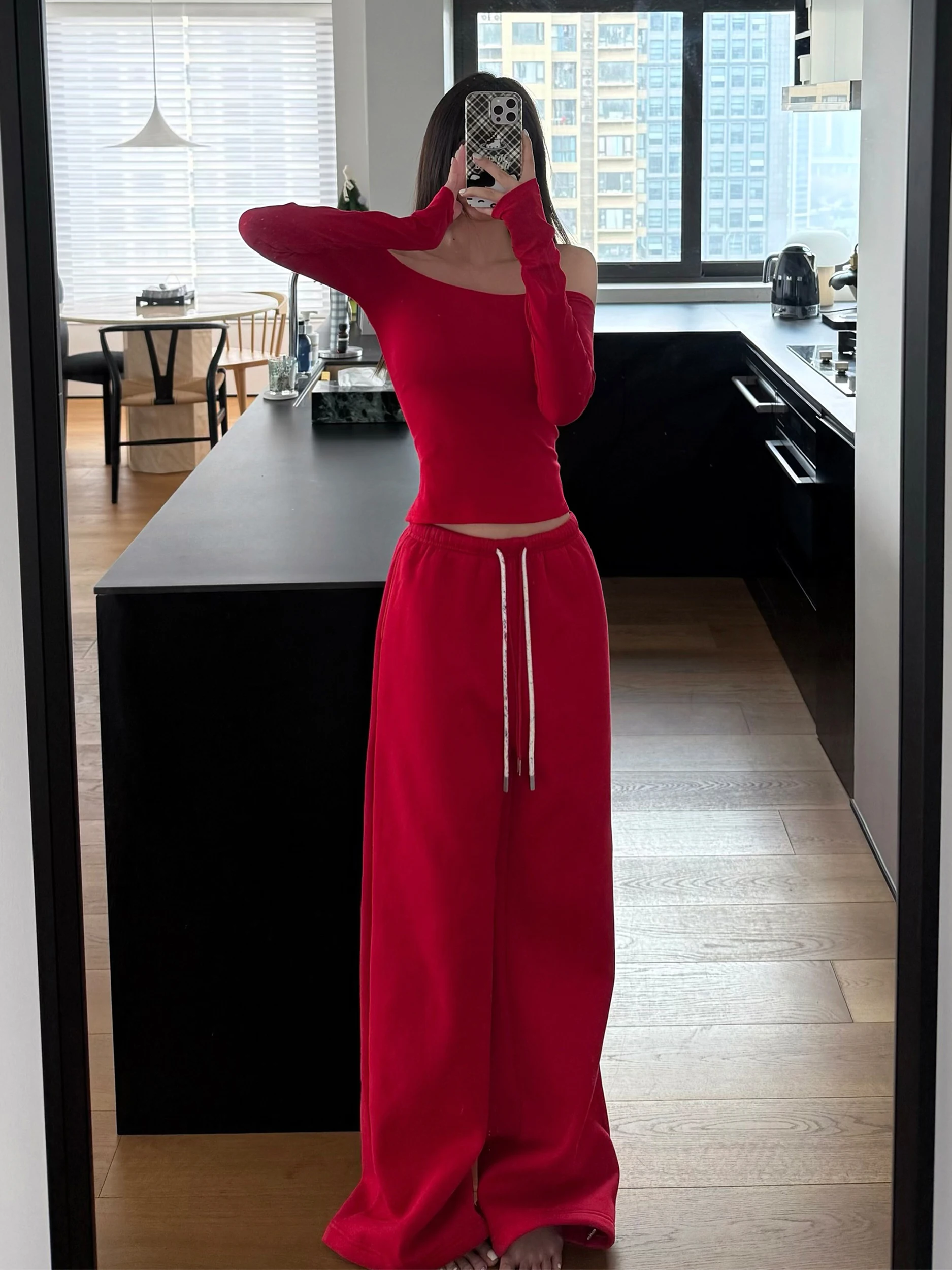 

Zhang Zi Red High Waist Dstring Loose Floor-Length Wide Leg Sweatpants Thiened Fce Autumn Winter Sports Pants
