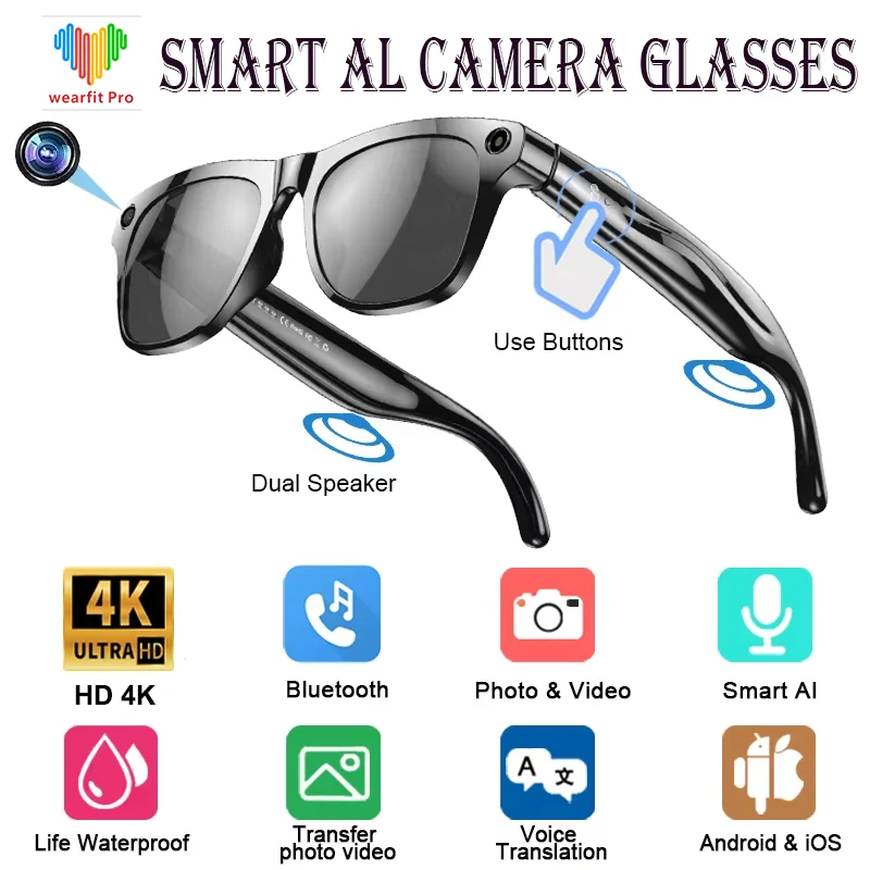 4k Hd Ai371W Smart fashion Glasses Camera Wearable MiniCamera Bluetooth Call Voice Assistant Control Smart Sports Camera Glasses