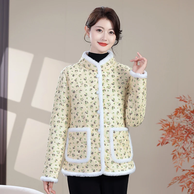 

Thiened Fce Winter Jaet Floral Cotton Coat Warmth Middle-Aged And ly Women's Outerwear Stand Collar Button up