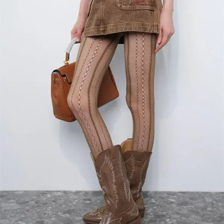 Retro Brown Lace Hollow Mesh Fishing Net Socks Vertical Pattern Embroidery Pantyhose Thin Summer Suitable for Men And Women