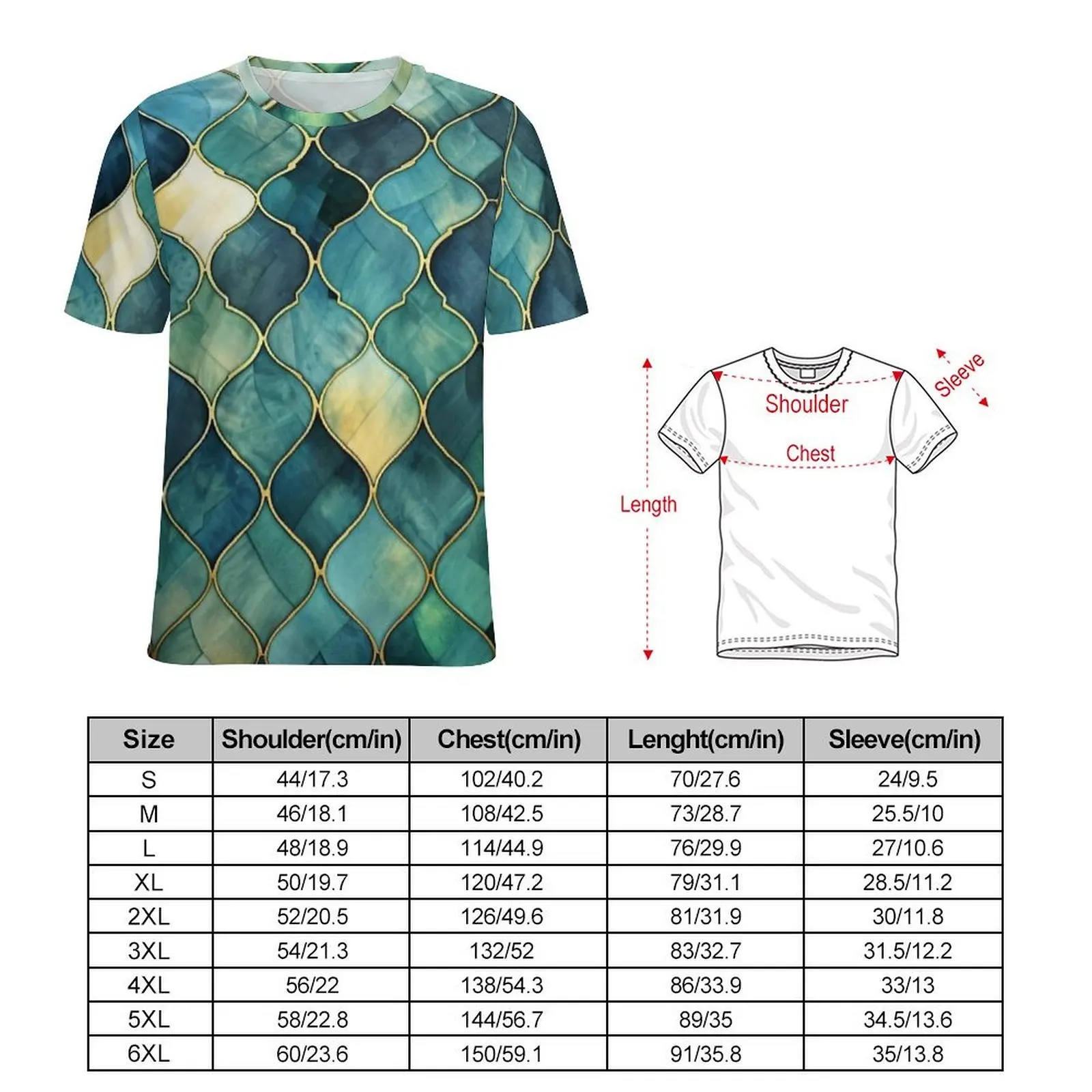 Teal Yellow Watercolor Moroccan Tile T Shirt Man O Neck T Shirts Summer Harajuku Tops Short Sleeve Kawaii Plus Size Tee Shirt