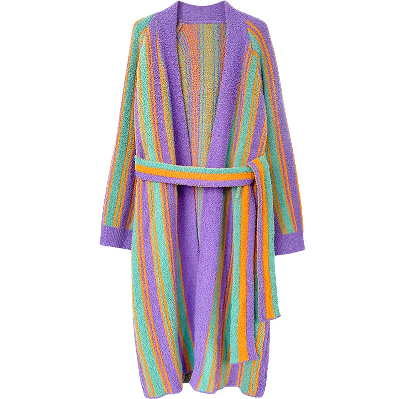 Sweet Lady Winter Long Thick Warm Flannel Striped Bathrobe Soft Velvet Bath Robe Hotel Spa Dressing Gown Women Cozy Sleepwear